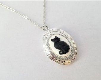 Vintage Style Victorian Gothic Black Cat Cameo Locket Necklace Assorted Chain Lengths
