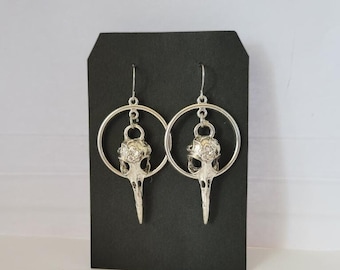 Hypoallergenic Dangle Earrings with HOop and Bird Skull Plague Mask