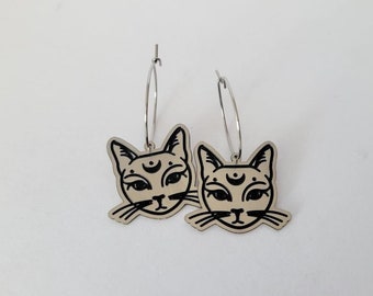 Hypoallergenic Stainless Steel Dangle Hoop Earrings with Mystical Cat Charms Hoops for Tunnels