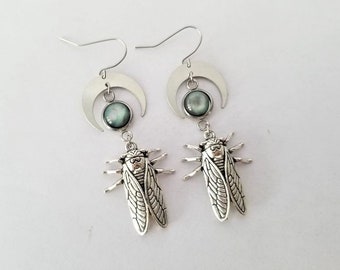 Hypoallergenic Dangle Cicada Earrings with Half Moons and Abalone Cabochon Stainless Steel Earring Hook
