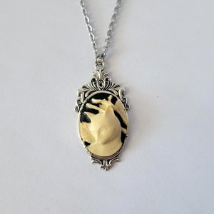 Cat Cameo Ivory Colored on Black Cabochon Necklace You Choose Length