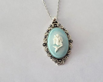 White on Sky Blue Cameo Mermaid Necklace You Choose Length