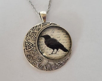 Glass Domed Raven and Moon Protection Necklace You Choose Length