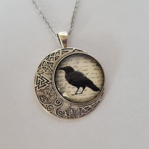 Glass Domed Raven and Moon Protection Necklace You Choose Length