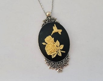 Victorian Gothic Resin Cameo Ivory Color on Black Hummingbird and Rose Pendant Necklace