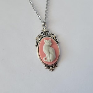 White on Pink Resin Cat Cameo Necklace You Choose Length