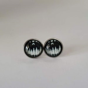 1/2&quot; 12mm Pine Trees and Moon Silhouette Stud Earrings Stainless Steel