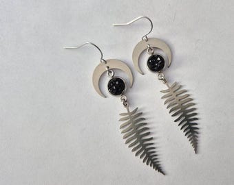 Hypoallergenic Stainless Steel Black Druzy and Fern Dangle Earrings