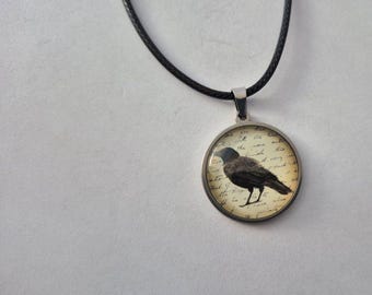 15-17" Cotton Chord Choker Style Necklace with Glass Domed Raven Stainless Steel Pendant