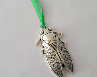 Silver Cicada Ornament with Green Ribbon