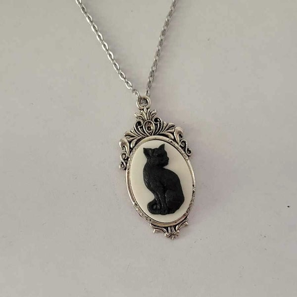 Vintage Style Cameo Necklace Black Cat on White Resin Necklace Silver Brass Pendant Stainless Steel Chain You Choose Length