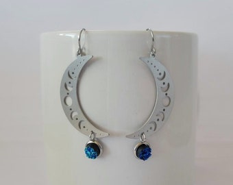 Hypoallergenic Stainless Steel and Blue Druzy Phases of the Moon Dangle Earrings