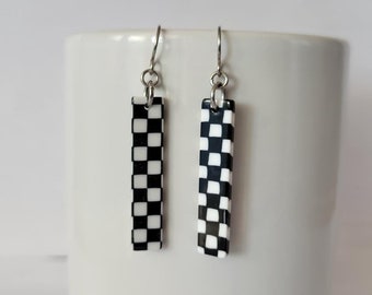 Hypoallergenic Acrylic Resin Checker Board Square Black and White Dangle Earrings