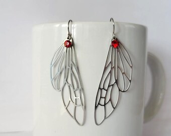 Hypoallergenic Lightweight Dangle Wings Earrings with Faux Ruby Charms