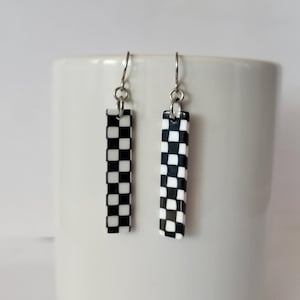 Hypoallergenic Acrylic Resin Checker Board Square Black and White Dangle Earrings