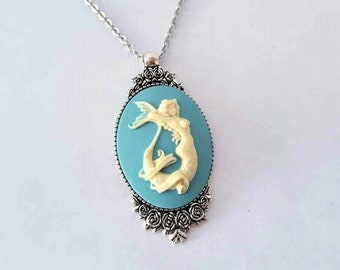 Ivory Color on Ocean Blue Mermaid Cameo Necklace You Choose Length