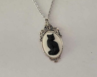 Vintage Style Cameo Necklace Black Cat on White Resin Necklace Silver Brass Pendant Stainless Steel Chain You Choose Length