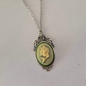 Victorian Mermaid Cameo Necklace  Ivory Color on Green Silver Setting  16 18 20 22 or 24 Inch Chain