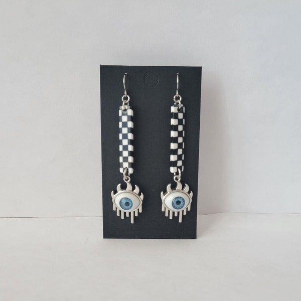 Hypoallergenic Checkers and Eyeballs Long Dangle Earrings