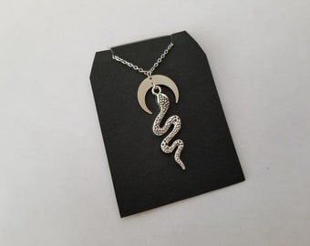 Silver Crescent Moon and Snake Necklace You Choose Length