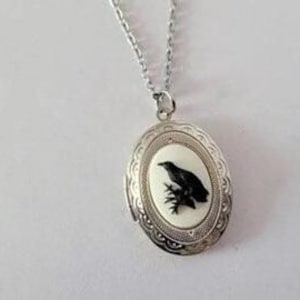 Victorian Gothic Raven Cameo Locket Necklace - Brass & Stainless Steel
