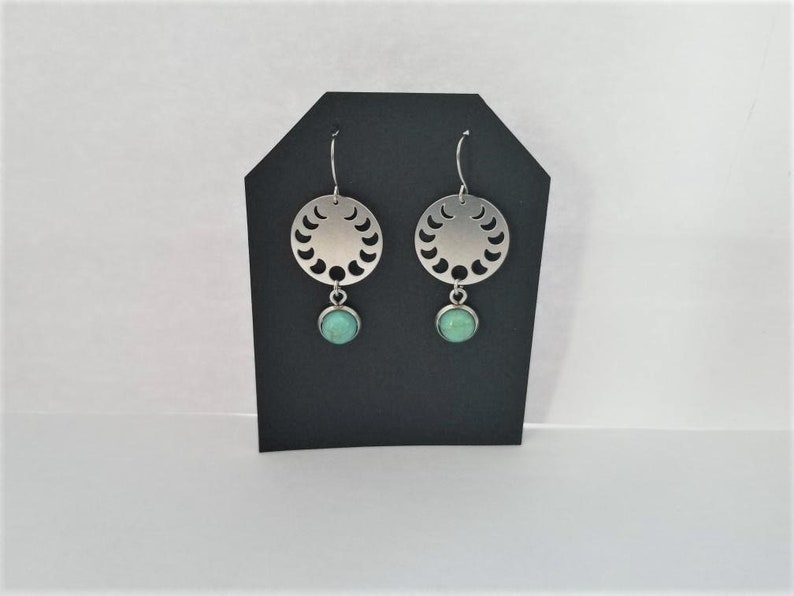 Stainless STeel Phases of the Moon with Faux Turquoise Dangle Earrings