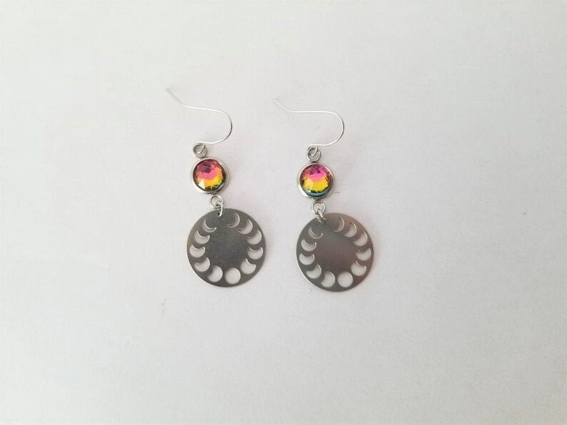 Hypoallergenic Phases of the Moon with Faux Rainbow Topaz Cabochon Dangle Earrings