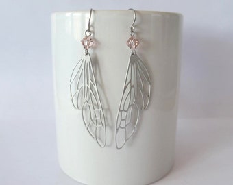 Hypoallergenic Stainless Steel Wing Earrings with Aurora Borealis Swarovski Crystal Dangle Earrings