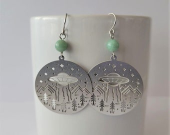 Hypoallergenic Stainless Steel UFO and Aventurine Dangle Earrings