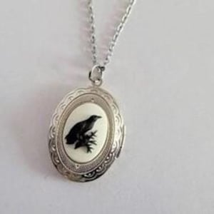 Victorian Gothic Raven Cameo Locket Necklace - Brass & Stainless Steel
