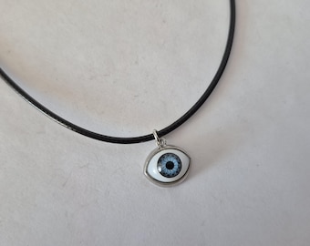 15-17" Adjustable Black Cotton Choker Necklace with Blue Eyeball Charm