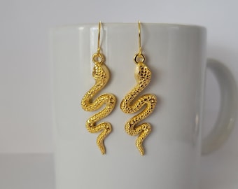 Hypoallergenic Dangle Snake Earrings Gold Tone