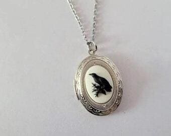 Victorian Gothic Raven Cameo Locket Necklace - Brass & Stainless Steel