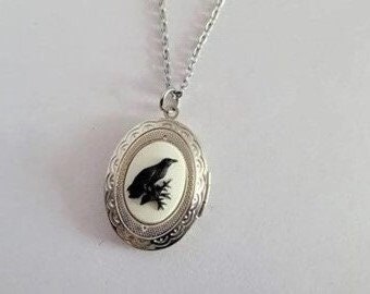 Victorian Gothic Style Oval Locket Necklace with Black on White Raven Cameo You Choose Length