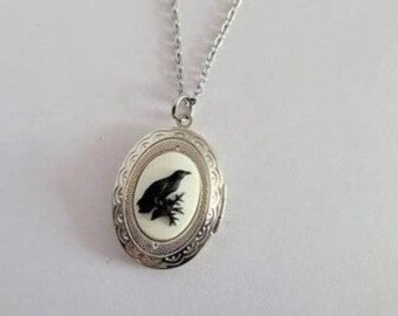 Victorian Gothic Style Oval Locket Necklace with Black on White Raven Cameo You Choose Length image 1