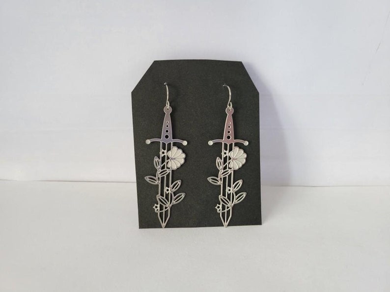 Hypoallergenic Thin Cut Stainless Steel Sword with Flowers DAngle Earrings 2 1/4 Long image 1