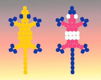 Pode incluir: Dois desenhos de lagartos de contas. Um é amarelo com detalhes azuis, o outro é rosa com detalhes brancos e azuis. Os lagartos são simétricos, com quatro patas e uma cauda longa. O fundo é um gradiente de laranja, rosa e cinza.