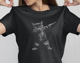 Dabbing Cat T-Shirt, Funny Monochrome Faded Ink Meme Tee, Urban Streetwear Unisex Gift