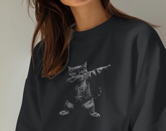 Dabbing Cat Sweatshirt, Funny Monochrome Faded Ink Meme Design, Urban Streetwear Unisex Gift,