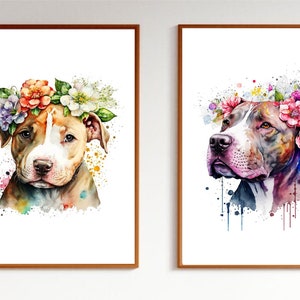 Original Watercolor Floral Pitbull Prints on Quality Canvas. Colorful Drawing Posters. Wall Art Decor