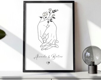 Personalised Hand in Hand Floral Print, Minimalist Couples Names Line Art Illustration. Digital