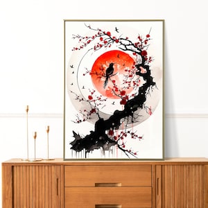 Original SAKURA Tree & Sunset Japanese Ink Art Print on Canvas. Oriental Wall Art Decor.