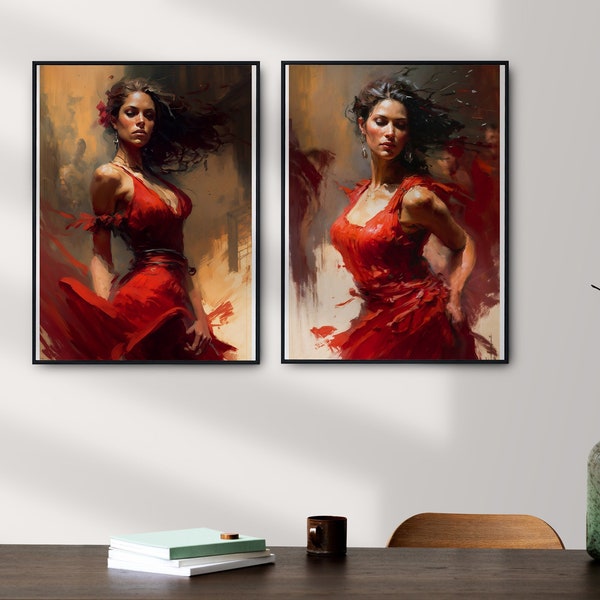 Femme de flamenco espagnole danseuse impressionniste dramatique peinture numérique impression sur toile. Décoration murale.