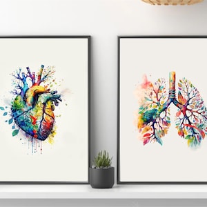 Einzigartige Anatomische Herz/Lungen Organ Zeichnung Druck auf Qualitäts Leinwand. Buntes Plakat. Wand Kunst Dekor