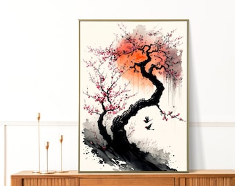 Impression originale d’art à l’encre japonaise SAKURA Tree & Sunset sur toile. Dessins d’art mural oriental.