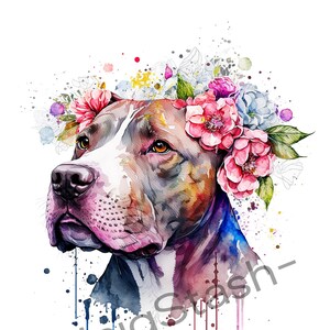 Preciosa impresión floral de acuarela de un pitbull sobre lienzo de alta calidad. Póster con dibujo colorido. Decoración de pared.
