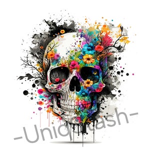 Impresión de acuarela con un dibujo único de calavera floral sobre lienzo de alta calidad. Póster colorido. Decoración de pared.