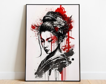 Original GEISHA Portrait Japanese Woman Ink Art Print on Canvas. Oriental Wall Art Decor.