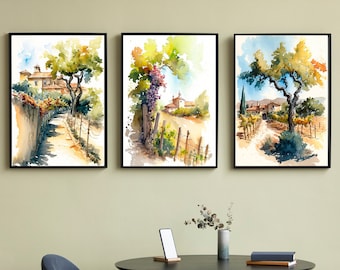 Spanisches Weingut Villa Aquarell Landschaft Digitale Malerei Druck auf Leinwand. Wand-Dekor.