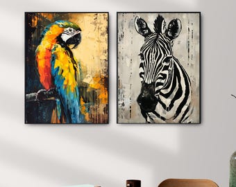 Dramatic Animal Oil Portrait Print on Canvas: Zebra, Panda, Parrot, Chimp, Cheetah, Polar Bear.